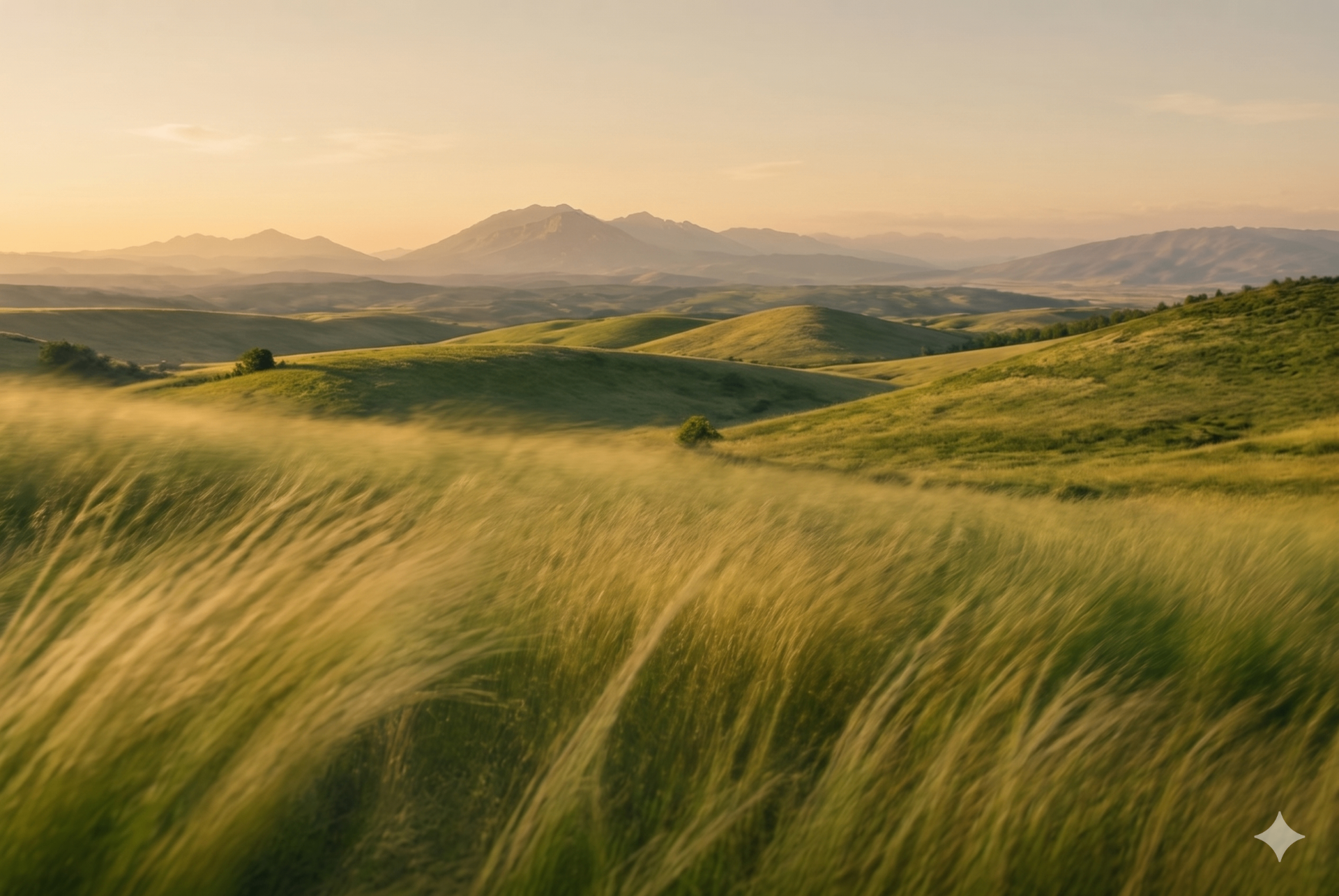 Rolling golden grass hills at sunset