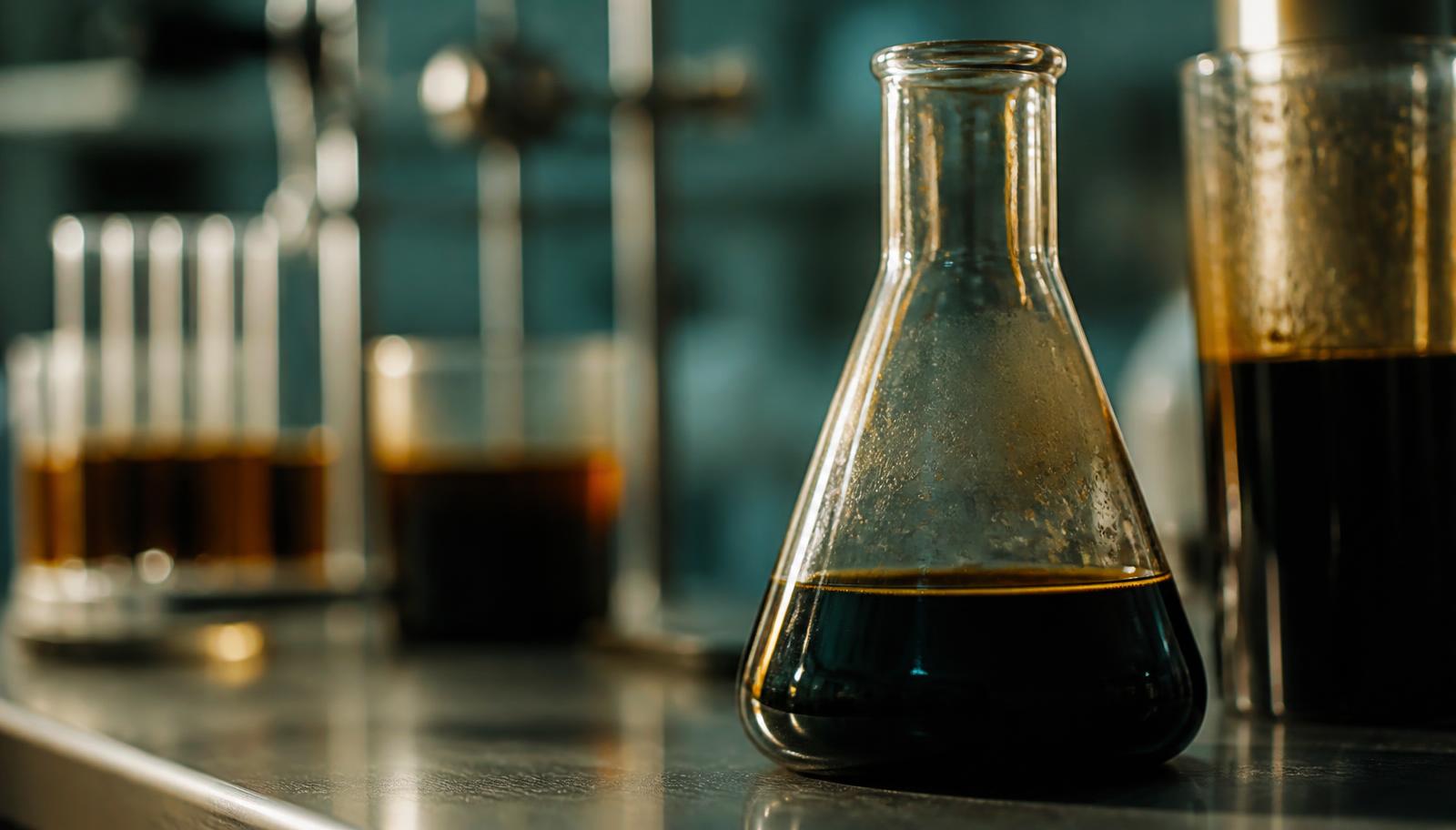 Dark amber bio-crude oil in laboratory glassware on a steel bench